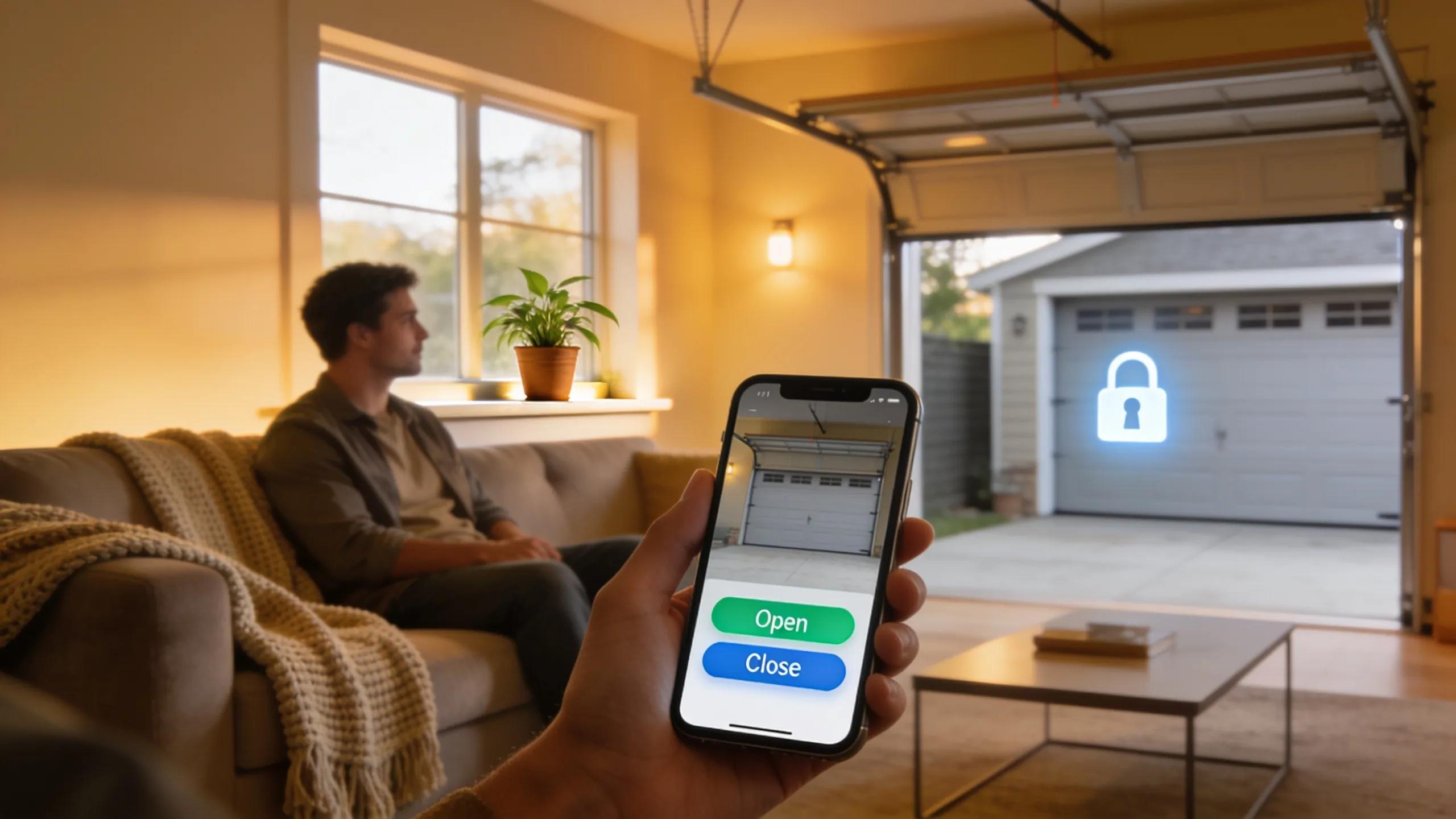 Homeowner using a smartphone to control a smart garage door opener, emphasizing enhanced security and connectivity