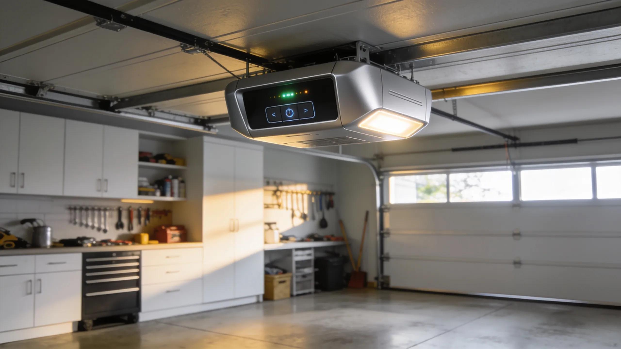 Modern garage door opener installed in a contemporary garage, highlighting technological advancements and functionality