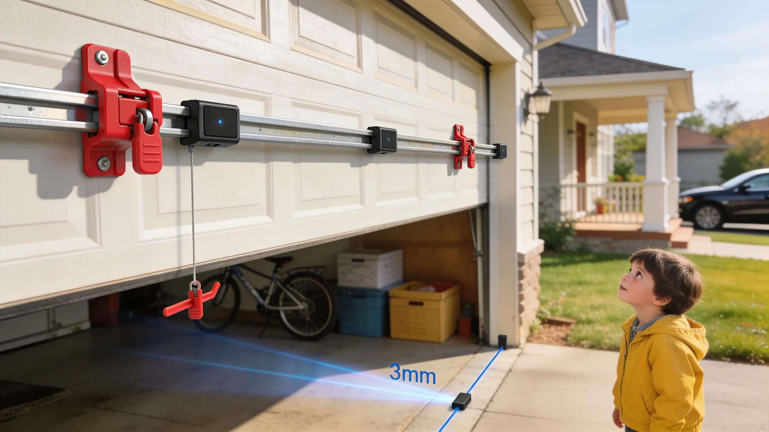 Child safety locks and photoelectric sensors on a garage door, demonstrating safety features