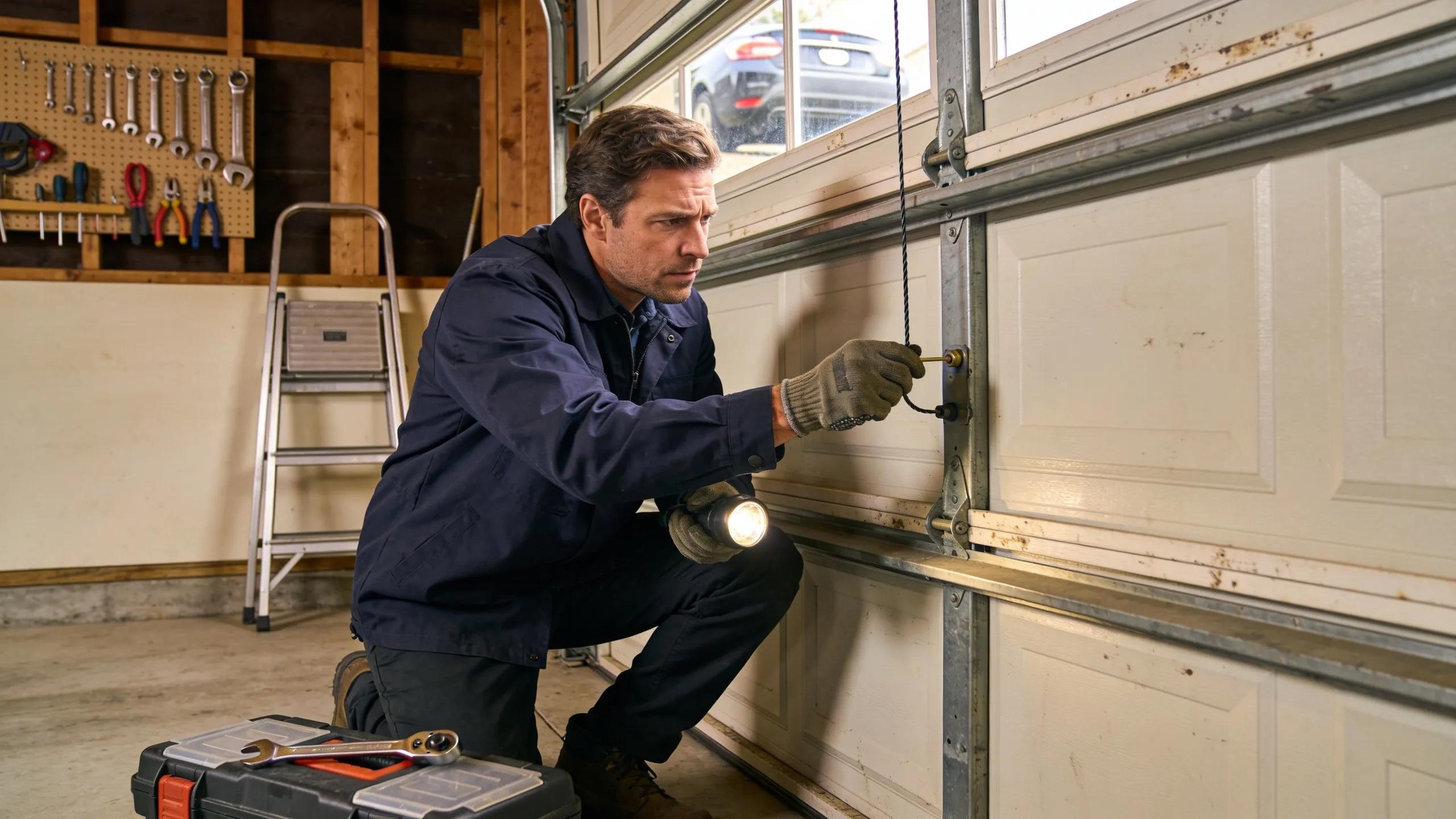Person performing routine maintenance on a garage door, checking safety cables and springs
