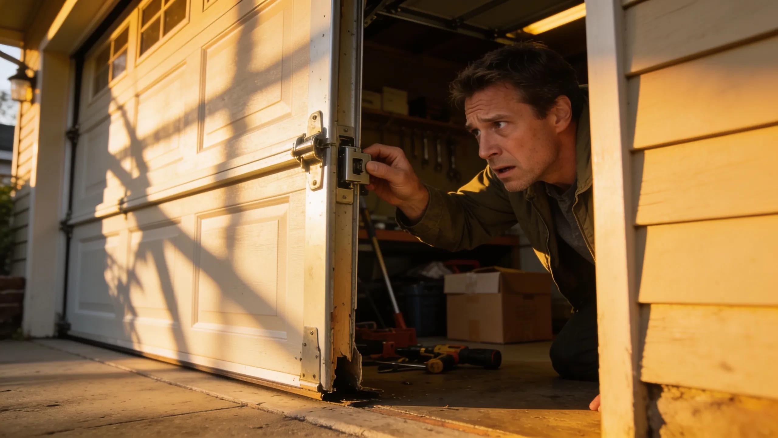 Homeowner examining a stuck garage door, highlighting the urgency for emergency service in Torrance.