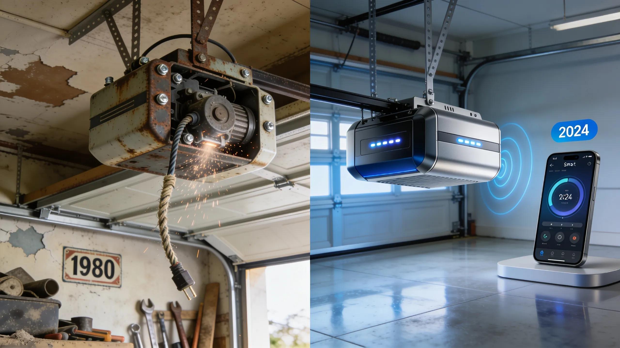 Comparison of old garage door opener with signs of wear versus a new opener showcasing efficiency and modern design