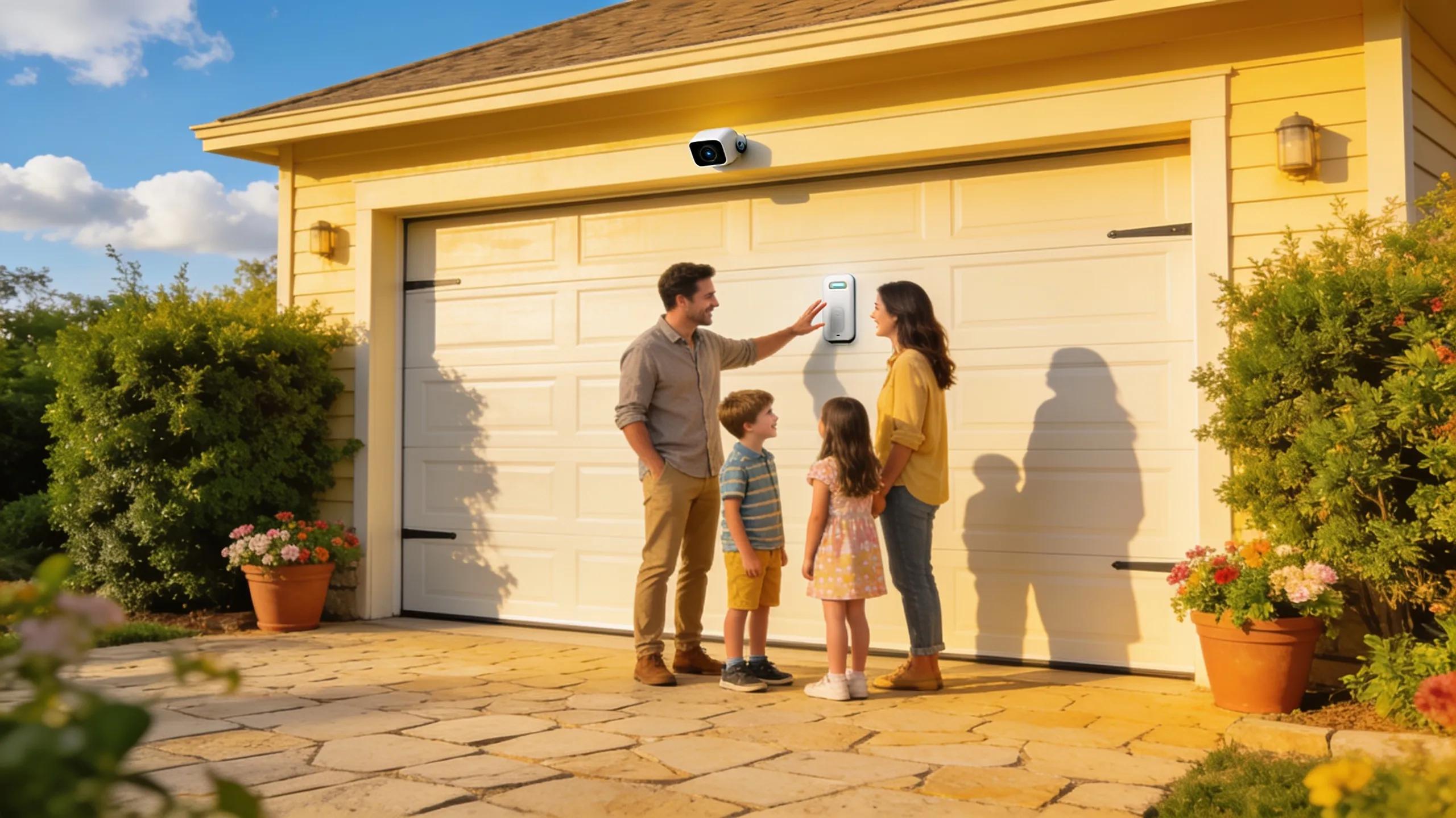 Family discussing garage door safety in front of a well-maintained garage door