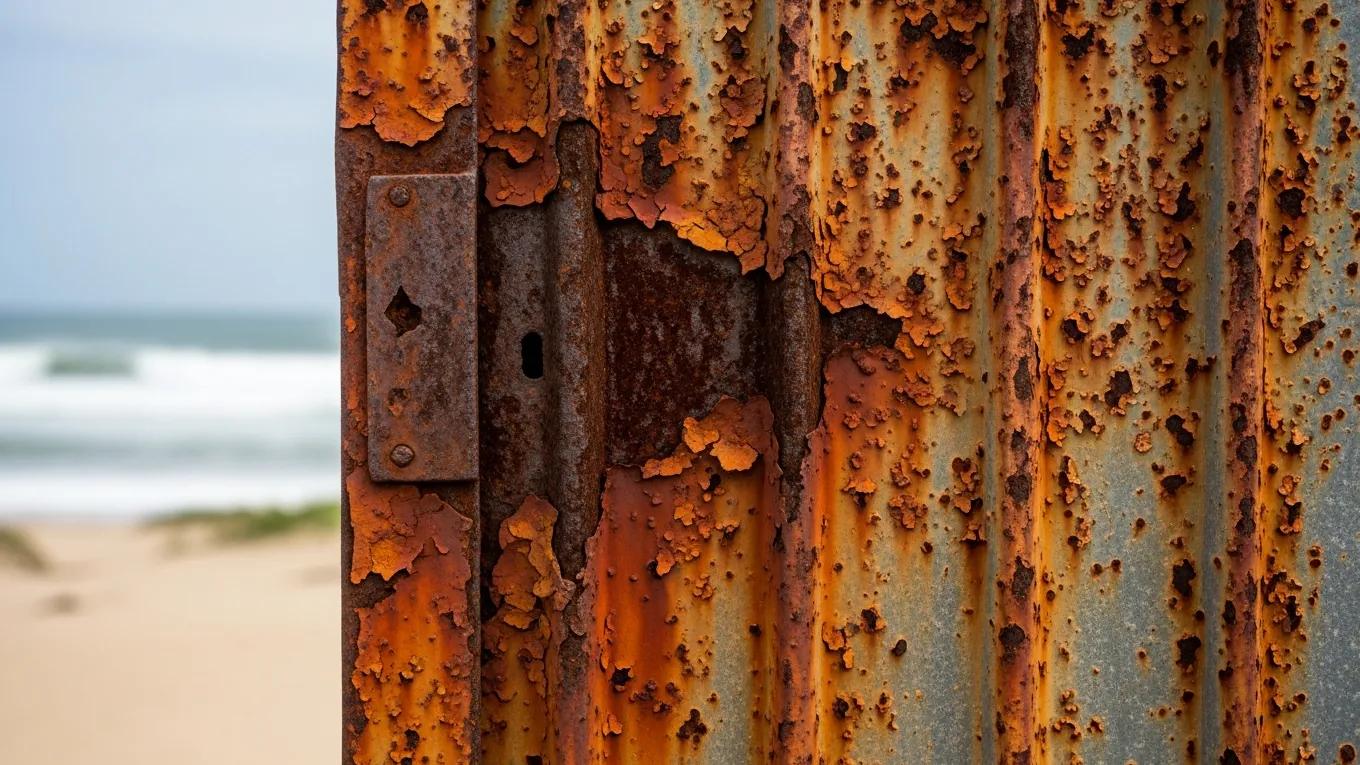 Close-up of a metal garage door exhibiting signs of corrosion from salt air exposure