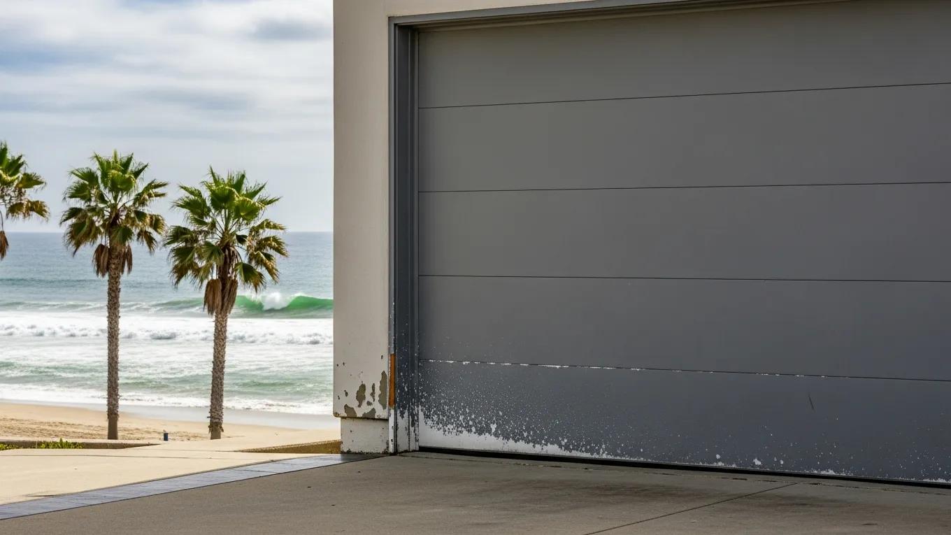 Coastal garage door environment highlighting weather impacts on durability