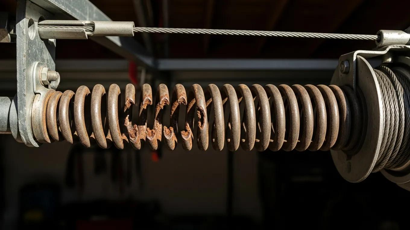 Damaged garage door springs showing gaps, highlighting the need for inspection and maintenance