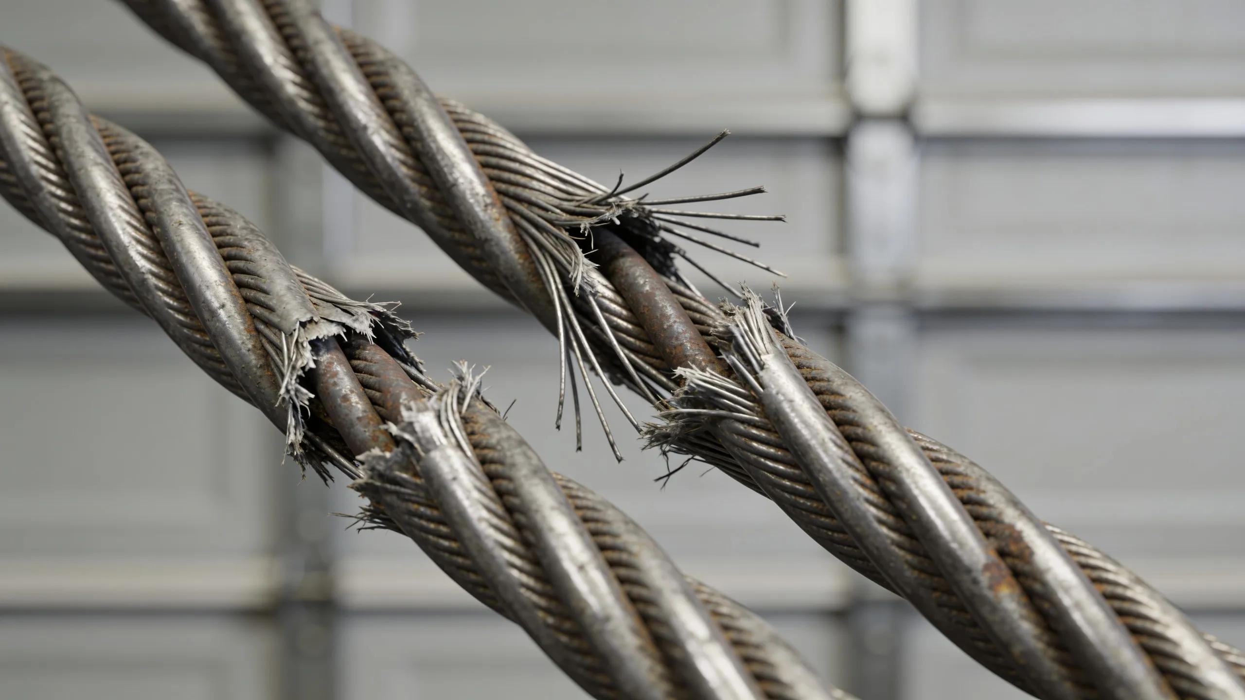 Worn garage door cables showing visible signs of fraying and wear