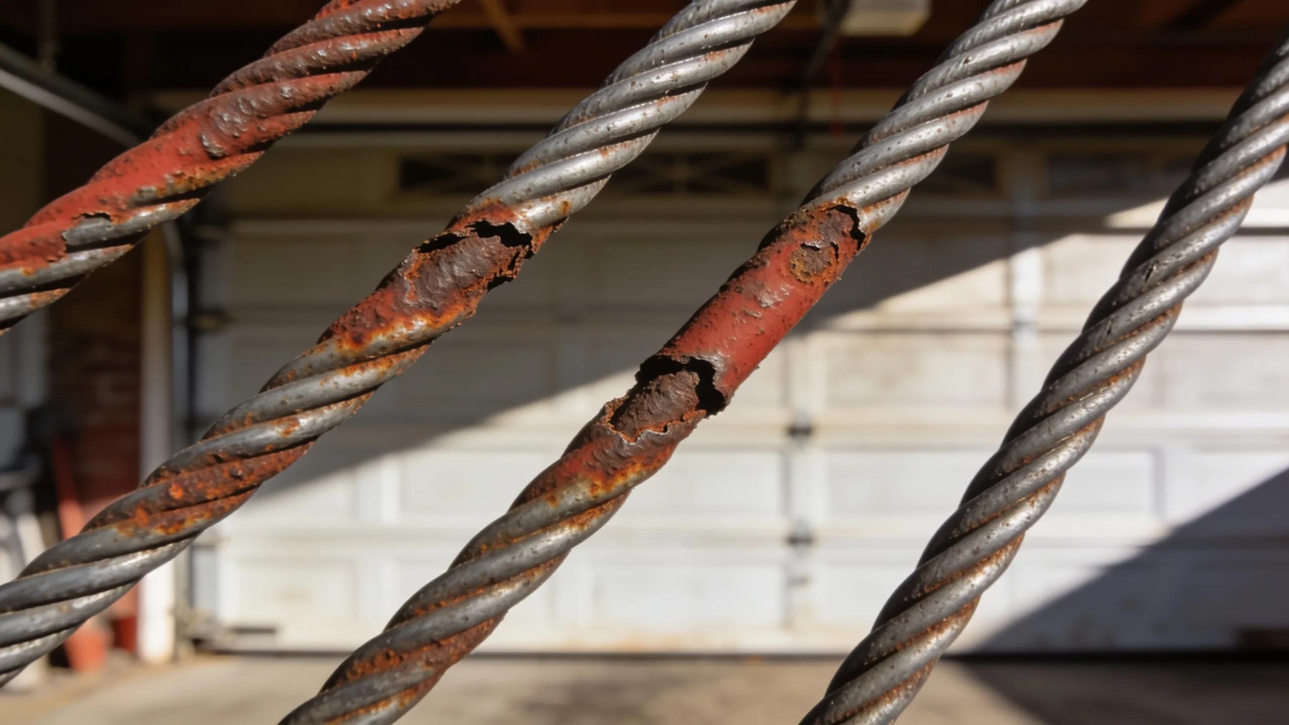 Garage door cables with rust and corrosion, illustrating the effects of moisture on cable integrity