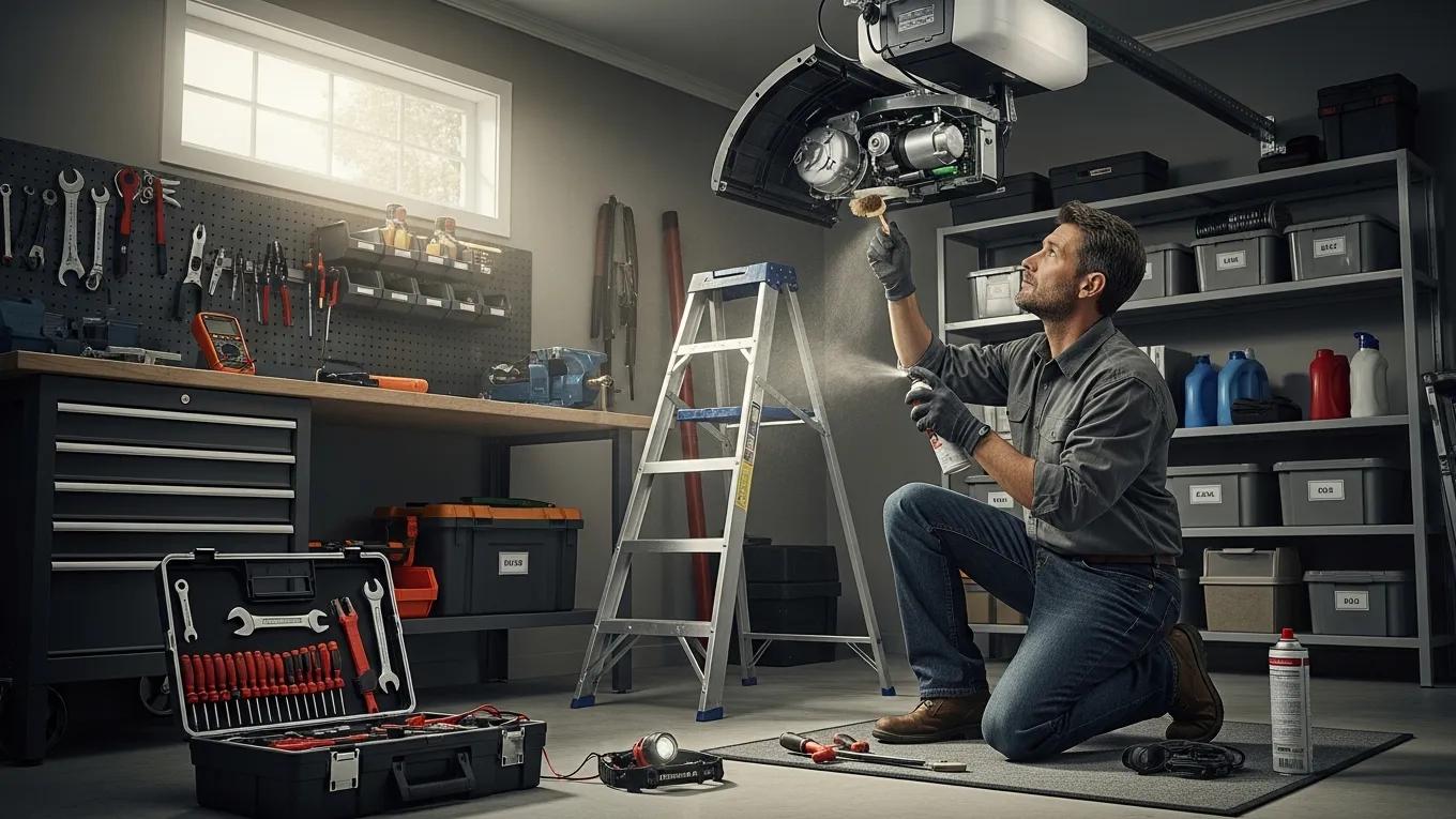 Homeowner maintaining garage door opener, highlighting essential care and maintenance practices