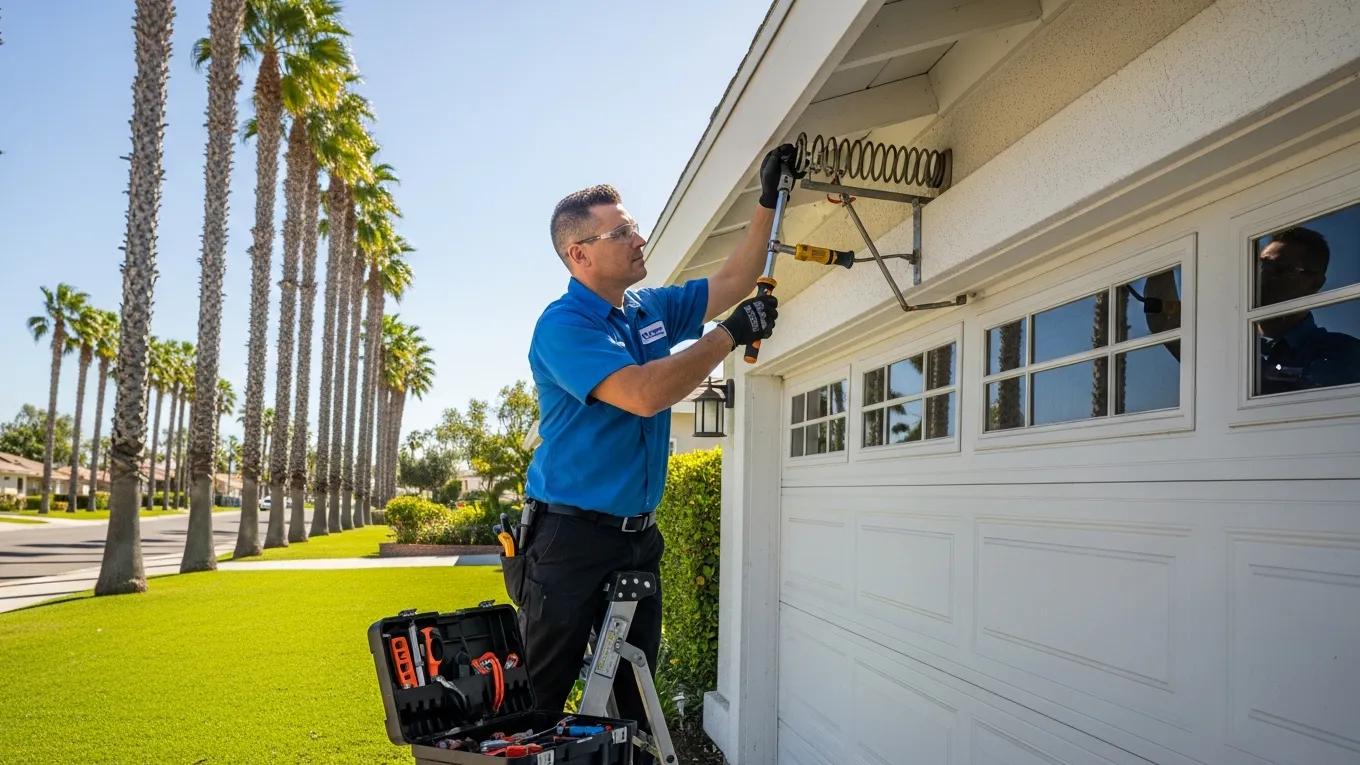 Technician checking garage door mechanisms in Torrance's sunny coastal climate