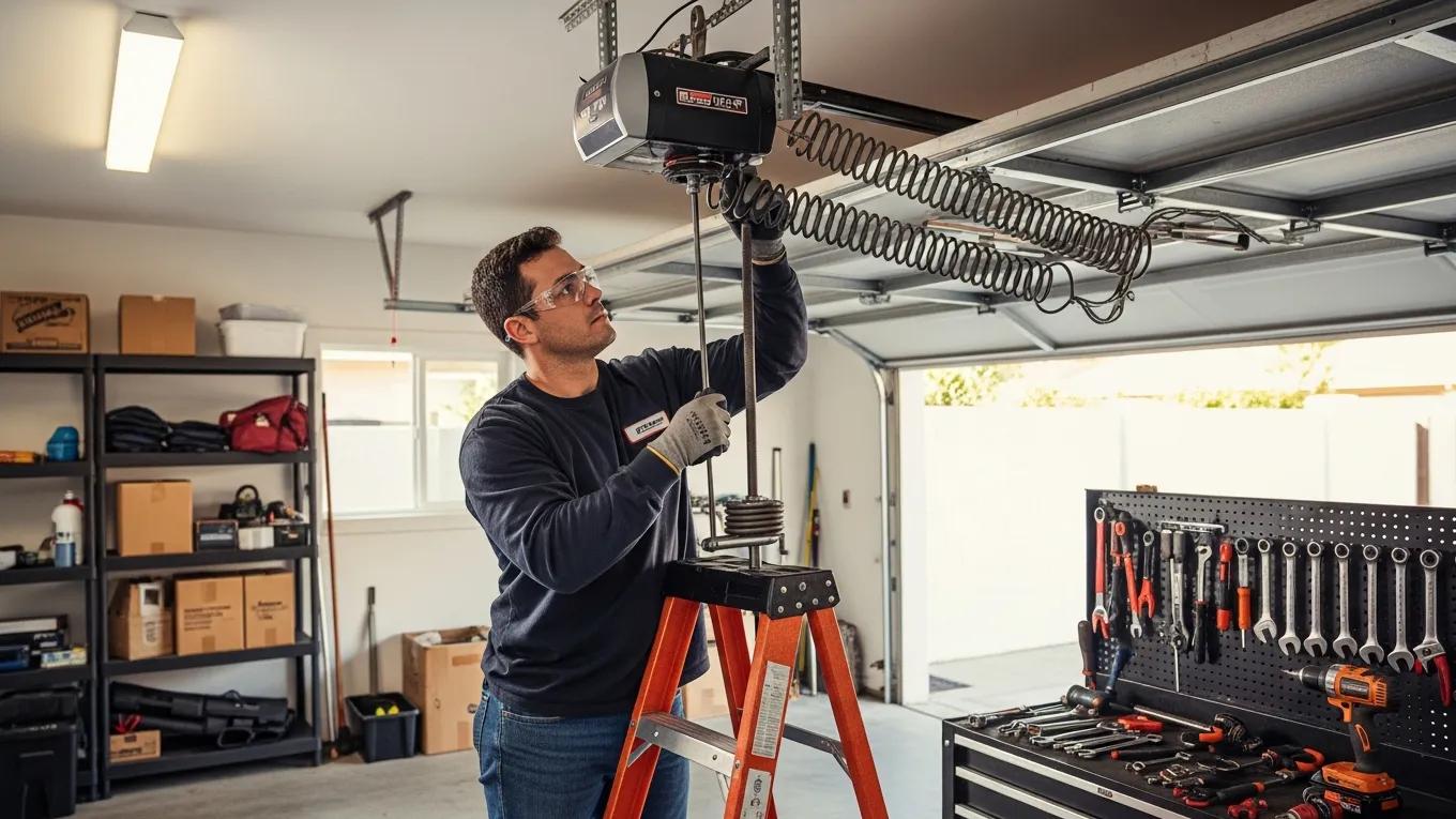 Technician performing garage door spring replacement in a Torrance residential garage