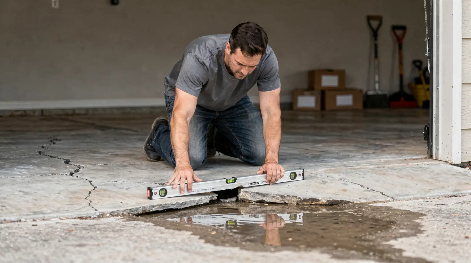 An **uneven garage door floor gap** can be caused by a sloped or settled concrete