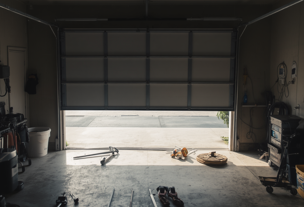 Garage door partly open seen from inside a dim garage