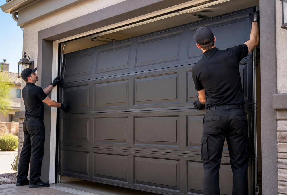 unnamed (1) Precision technicians installing a dark gray garage door
