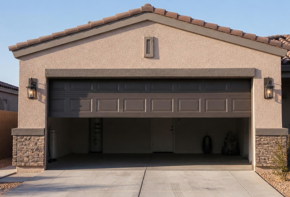 unnamed (1) Garage door partly open on a tan stucco home