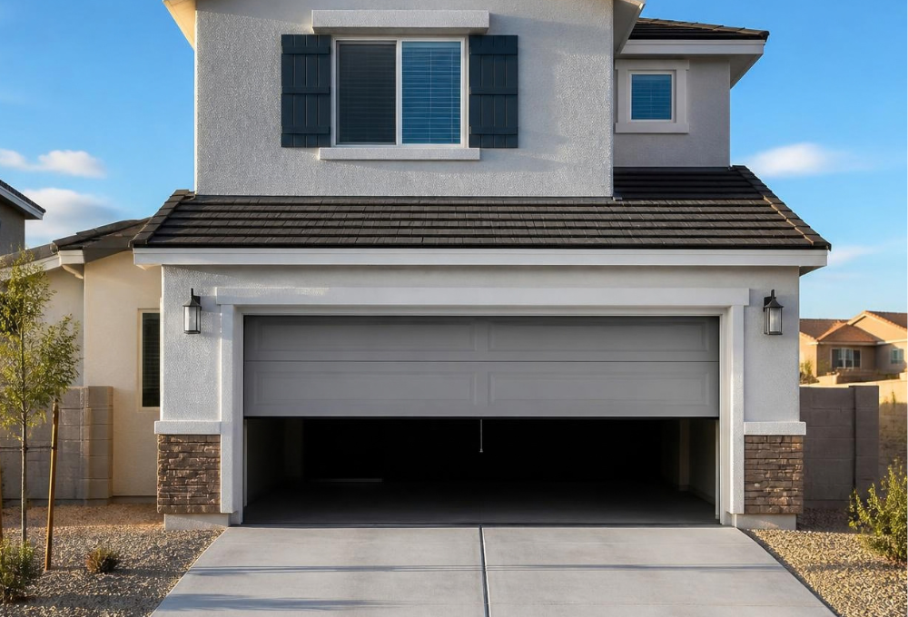 unnamed Garage door partly open on a two story home