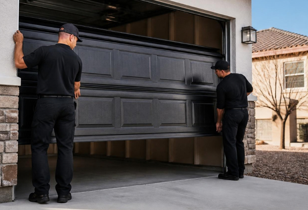 unnamed Two Precision technicians lowering a new garage door panel into place