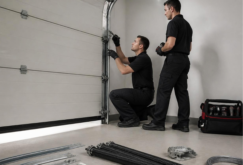 unnamed Precision technicians installing garage door hardware inside a garage